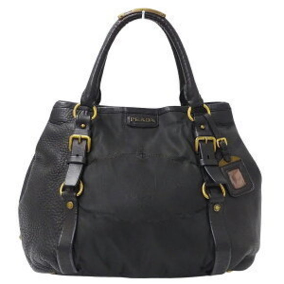 Prada Tote Bag Handbag Leather Nylon Black - Picture 1 of 9